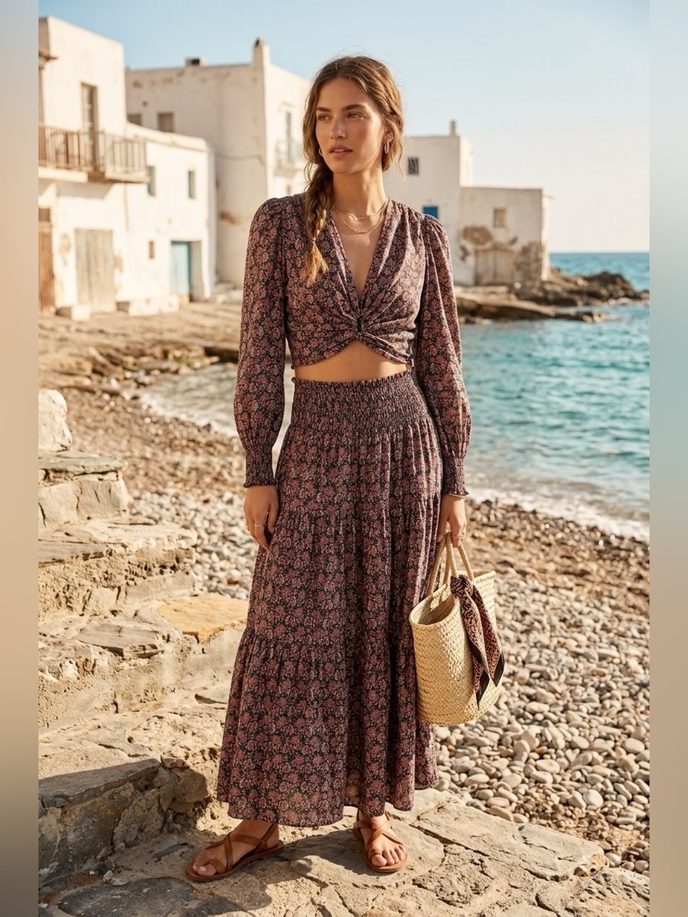 ZARA co-ordinared long sleeve top and tiered maxi midi skirt dark floral cotton